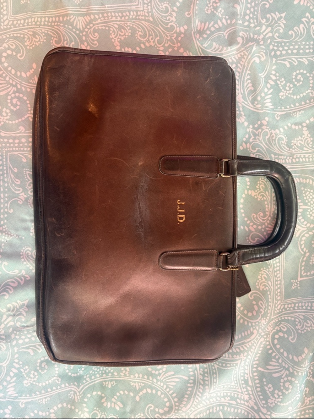 Coach Dark Brown Leather Briefcase with Gold Initials
